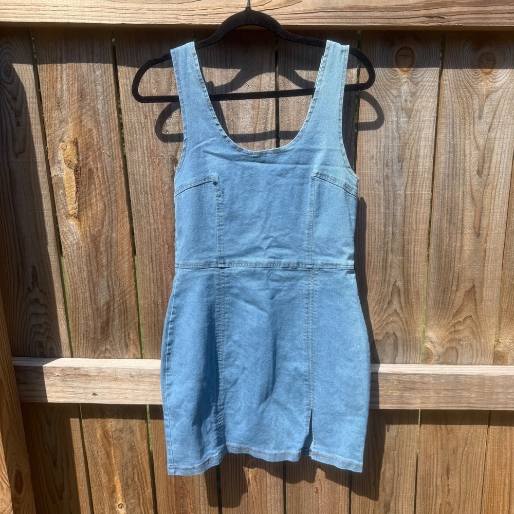 VICI Light Wash Denim Sleeveless Mini Dress Blue Scoop Neck Large